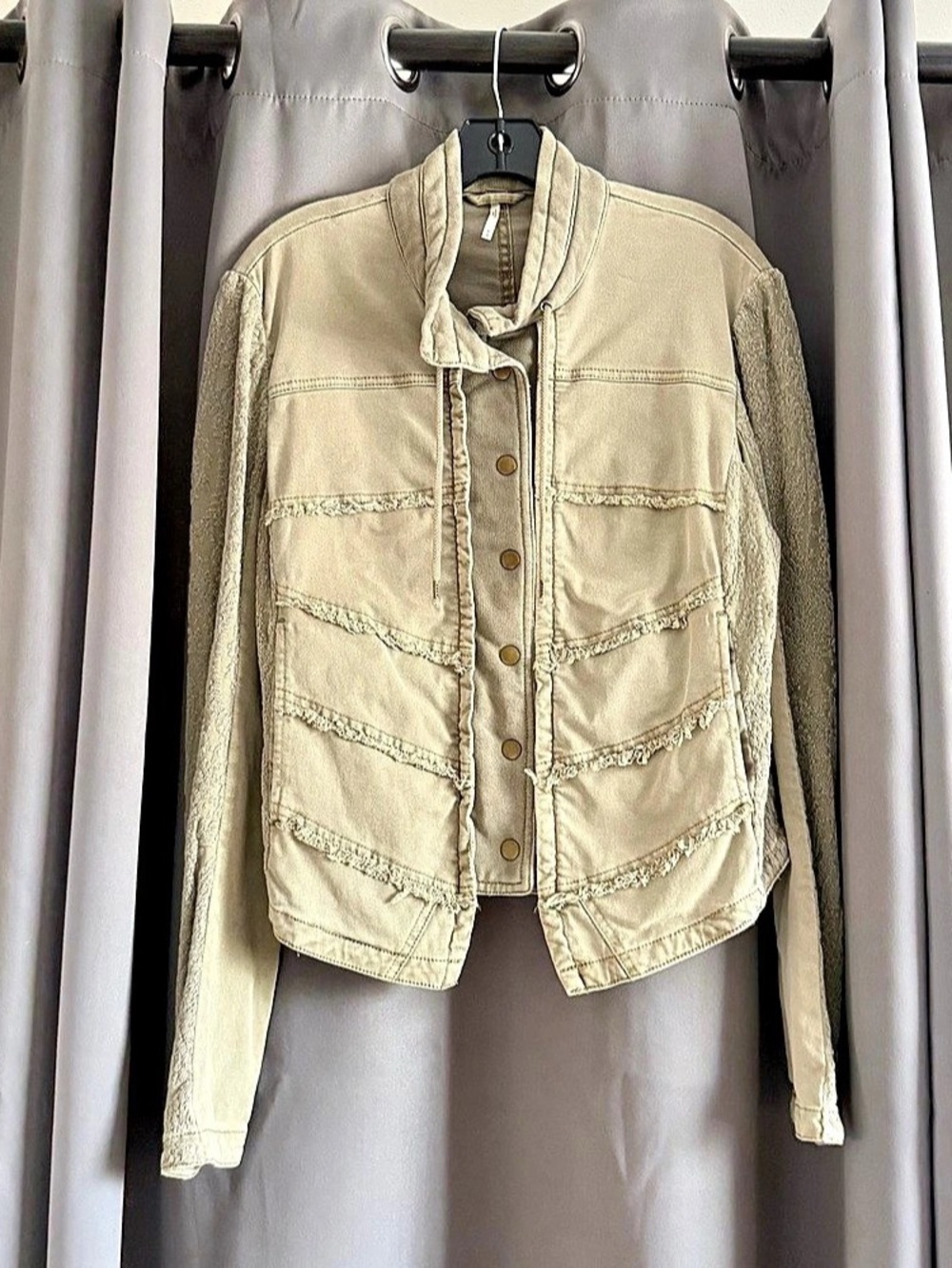 Free People Sage Green Mixed Media Utility Jacket Size M Textured Sleeves